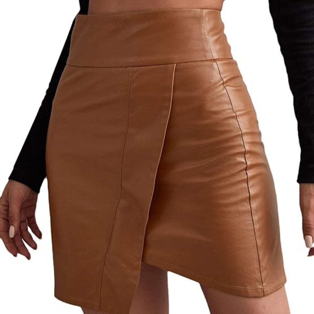 Shein Women's Faux Leather High Waisted Mini Skirt - tan size 4